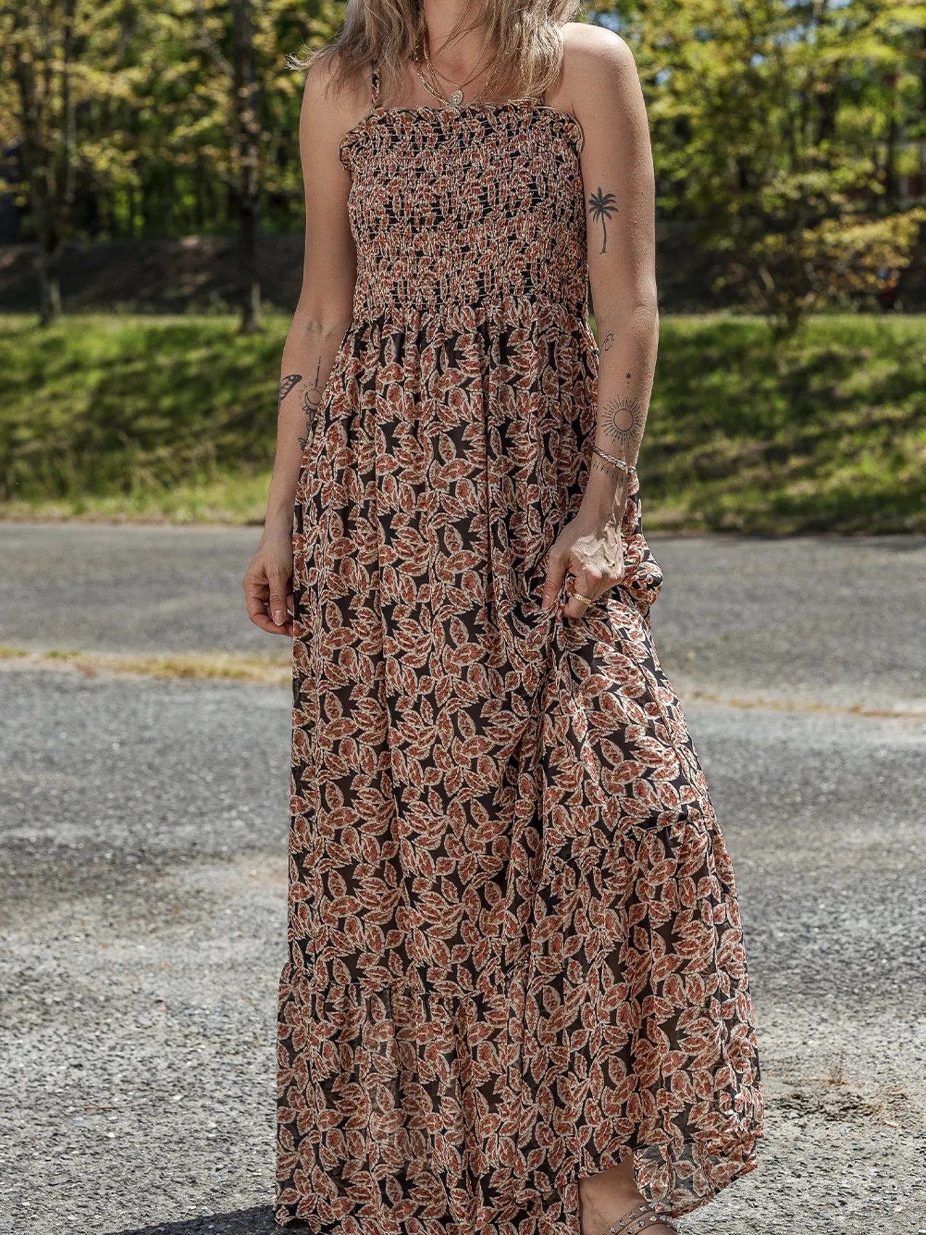 Printed Smocked Bodice Maxi Dress - Premium Maxi Dress from Trendsi - Just $57.99! Shop now at Handbags Specialist Headquarter