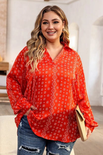 Plus Size Printed Johnny Collar Long Sleeve Blouse - Premium Plus Size Shirts from Trendsi - Just $29! Shop now at Handbags Specialist Headquarter