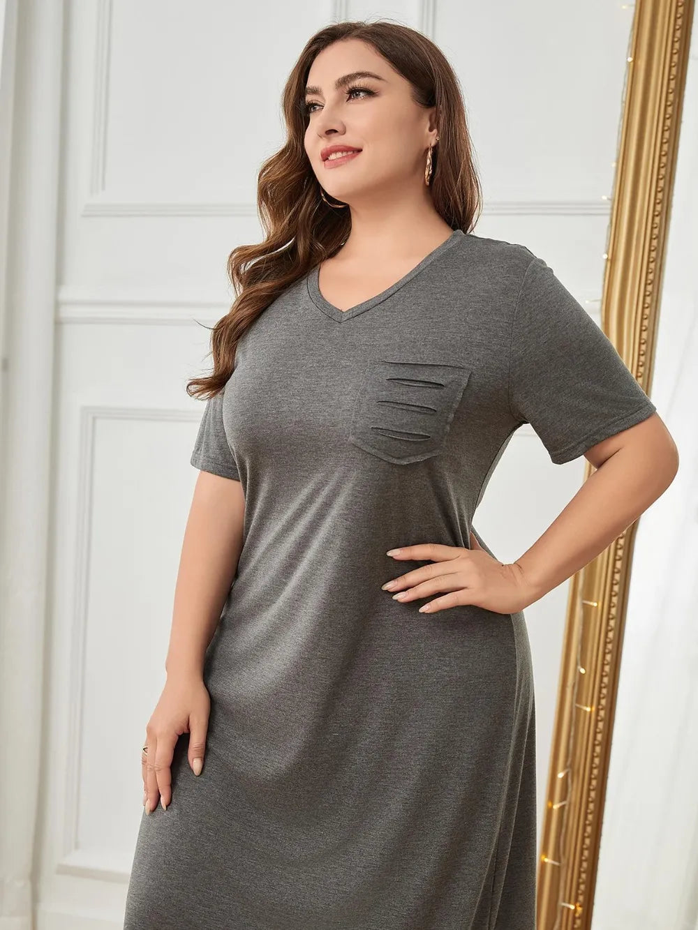 Plus Size Pocketed V-Neck Short Sleeve Lounge Dress - Premium Sleepwear from Trendsi - Just $29! Shop now at Handbags Specialist Headquarter