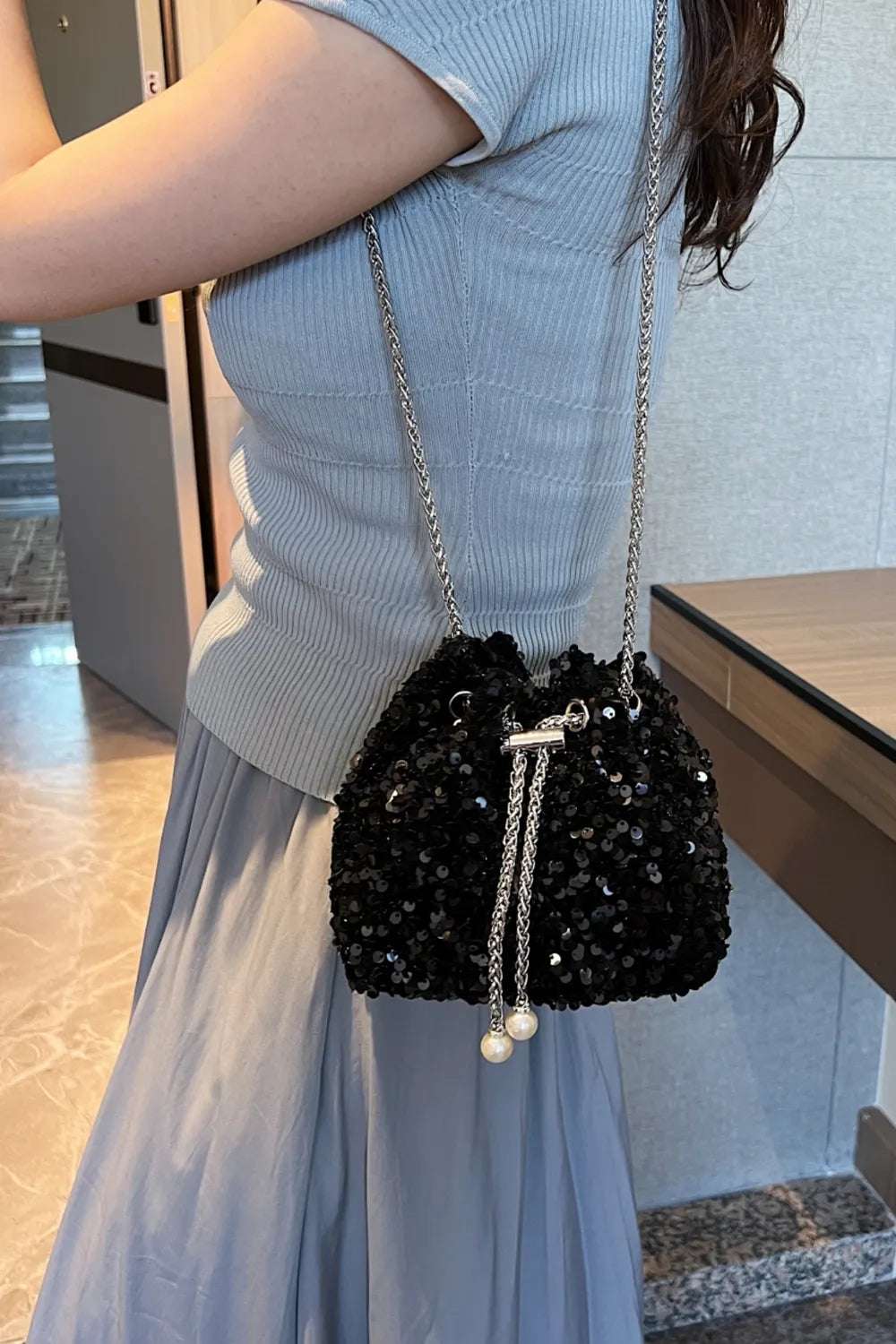 Sequin Chain Drawstring Bucket Bag - Premium Crossbody Bag from Trendsi - Just $21.99! Shop now at Handbags Specialist Headquarter