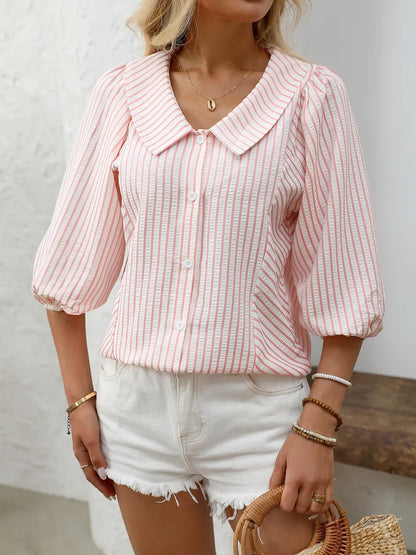 Striped Button Down 3/4 Sleeve Shirt - Premium Women's Down Shirt Tops from Trendsi - Just $27.74! Shop now at Handbags Specialist Headquarter