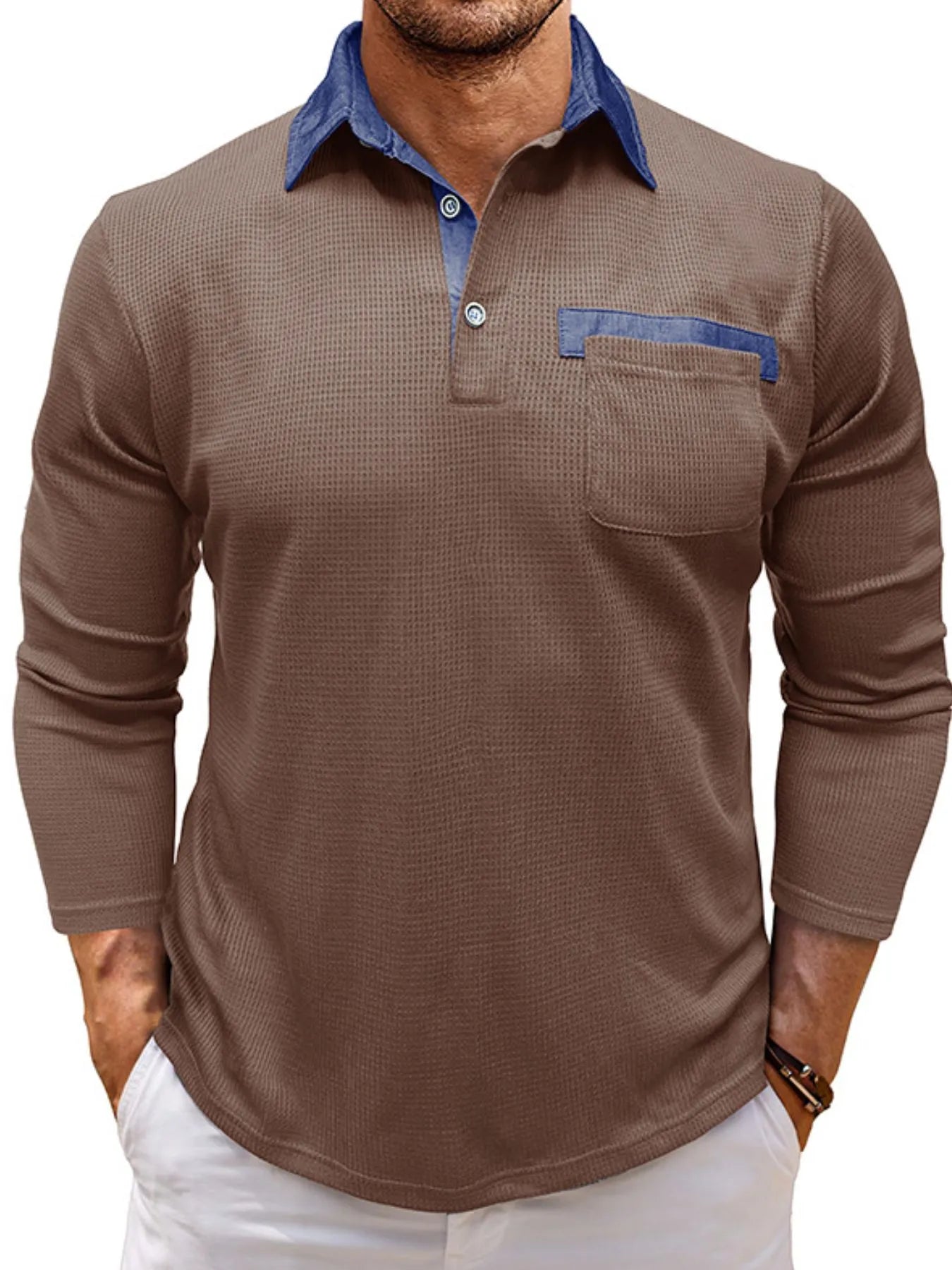 Men's Contrast Collar Long Sleeve Casual Polo Shirt - Premium Men's Polo shirt from Trendsi - Just $39.99! Shop now at Handbags Specialist Headquarter