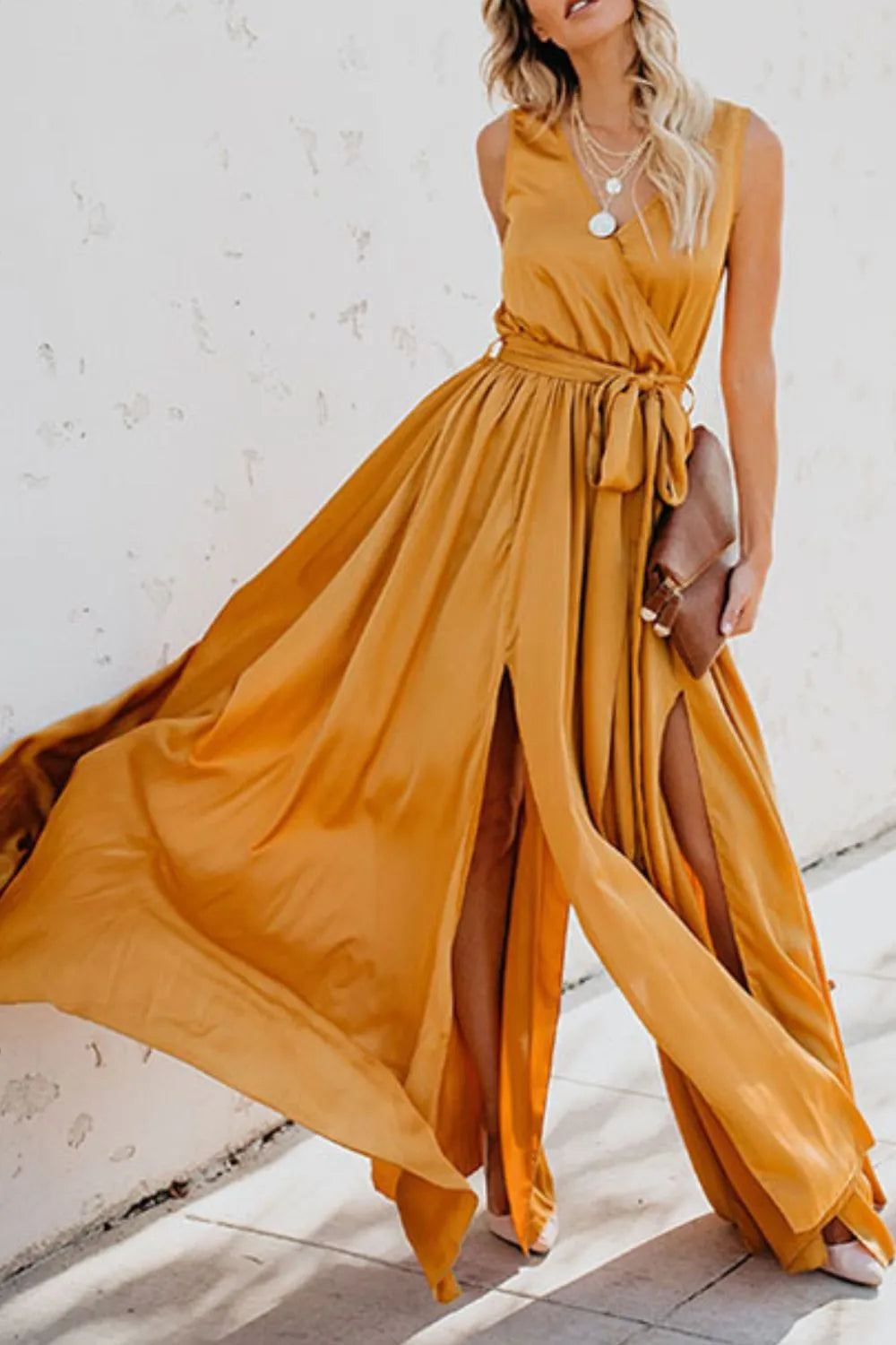 Surplice Tie Waist Maxi Dress - Premium Maxi Dress from Trendsi - Just $39.99! Shop now at Handbags Specialist Headquarter