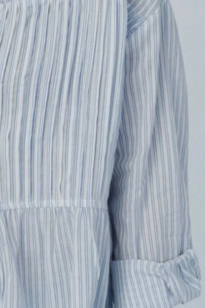 Frill Striped Collared Neck Long Sleeve Shirt - Premium Tops from Trendsi - Just $49.92! Shop now at Handbags Specialist Headquarter