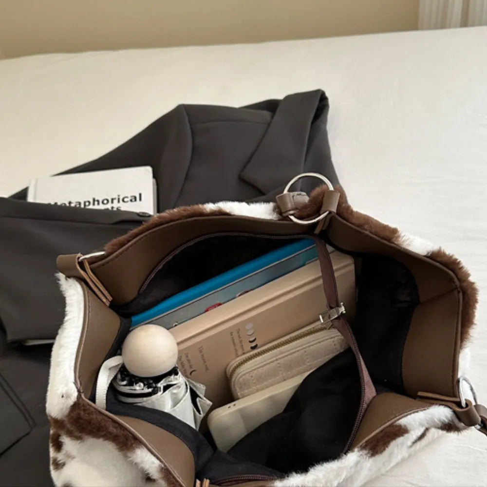 Cow Print Furry Tote Bag - Premium Tote Bag from Trendsi - Just $39.99! Shop now at Handbags Specialist Headquarter