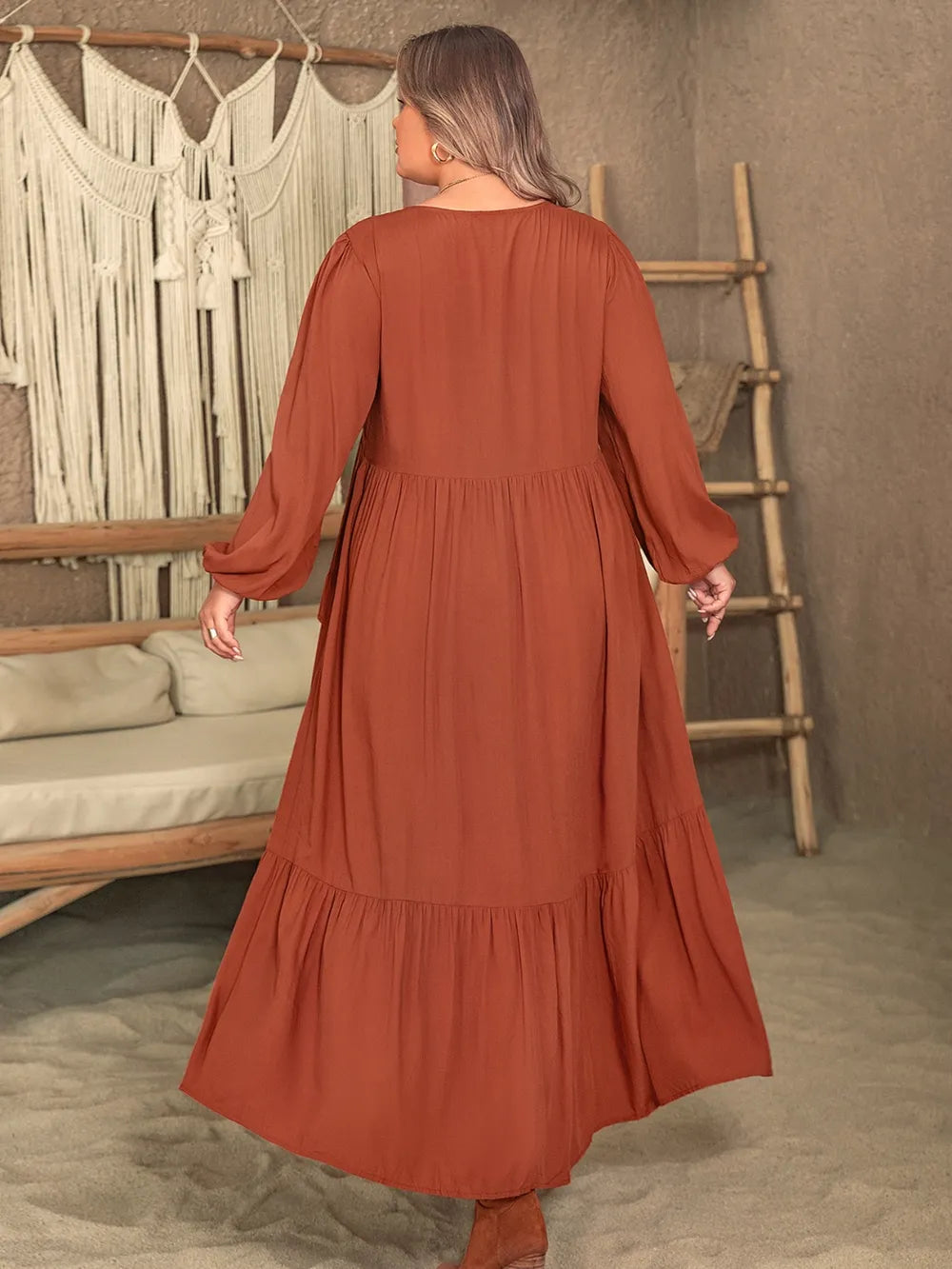Plus Size Ruffled V-Neck Balloon Sleeve Dress - Premium Dresses from Trendsi - Just $46.99! Shop now at Handbags Specialist Headquarter