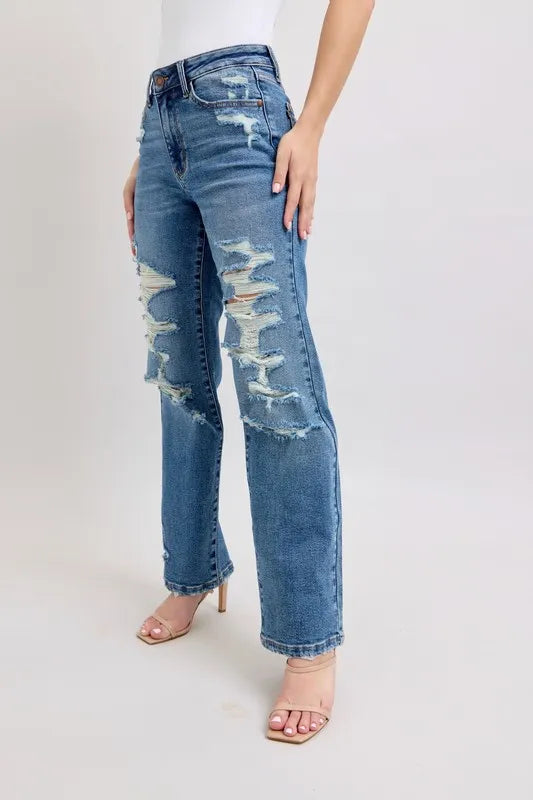 Judy Blue Full Size High Waist Heavy Destroy Straight Jeans Plus Size - Premium Women / Jeans & Denim from Trendsi - Just $62.99! Shop now at Handbags Specialist Headquarter