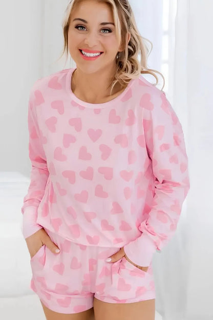 Heart Print Long Sleeve Top and Shorts Lounge Set - Premium Sleepwear from Trendsi - Just $37.99! Shop now at Handbags Specialist Headquarter