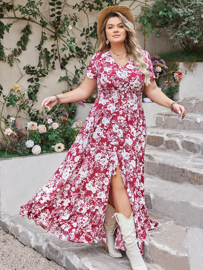 Plus Size Slit Printed V-Neck Maxi Dress - Premium Dresses from Trendsi - Just $54.99! Shop now at Handbags Specialist Headquarter