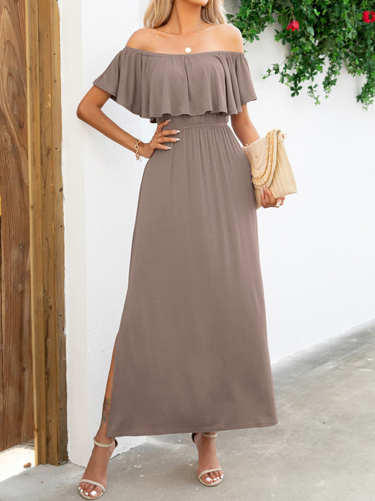 Off-Shoulder Slit Maxi Dress - Premium Maxi Dress from Trendsi - Just $49.99! Shop now at Handbags Specialist Headquarter