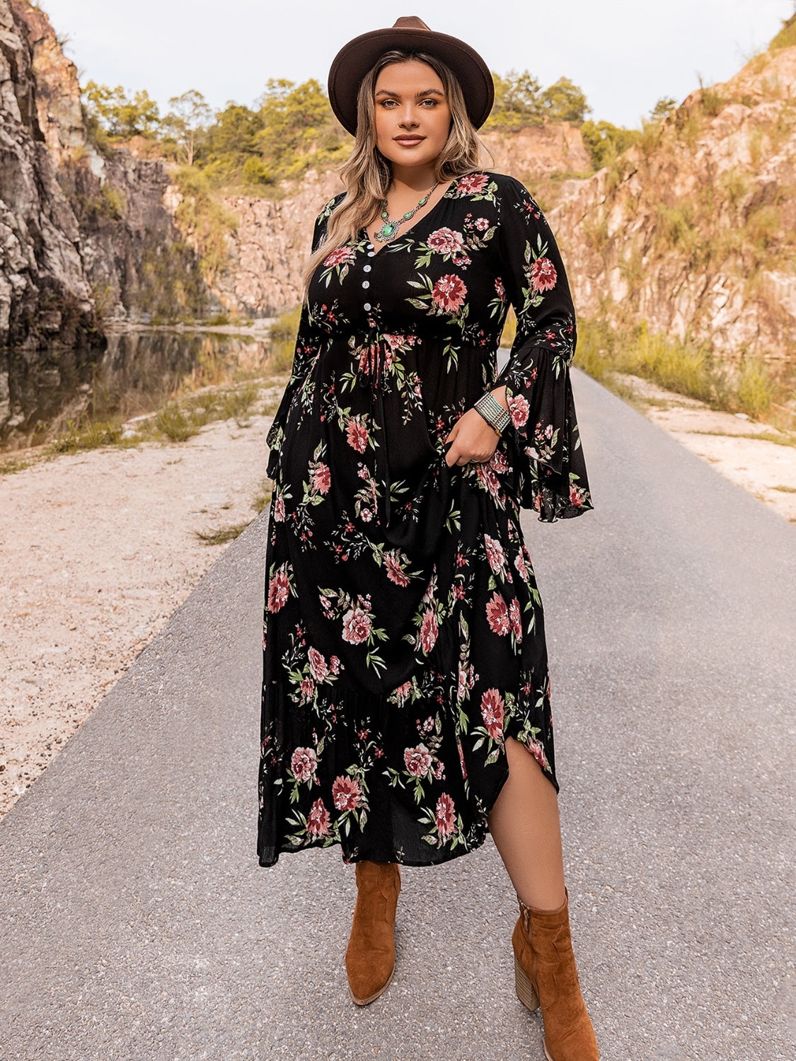Plus Size Floral Flare Sleeve Dress - Premium Dresses from Trendsi - Just $53.99! Shop now at Handbags Specialist Headquarter