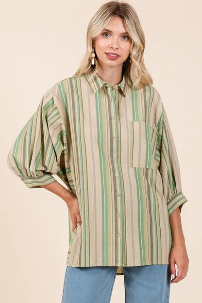 Mittoshop Striped Bubble Sleeve Button Down Shirt - Premium Women's Down Shirt Tops from Trendsi - Just $43.10! Shop now at Handbags Specialist Headquarter