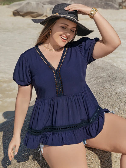 Plus Size Peplum V-Neck Short Sleeve Blouse - Premium Plus Size Shirts from Trendsi - Just $24.02! Shop now at Handbags Specialist Headquarter