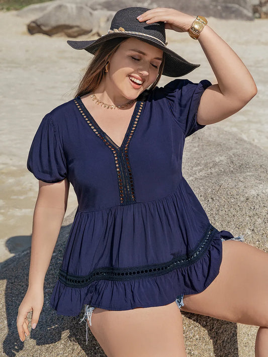 Plus Size Peplum V-Neck Short Sleeve Blouse - Premium Plus Size Shirts from Trendsi - Just $24.02! Shop now at Handbags Specialist Headquarter