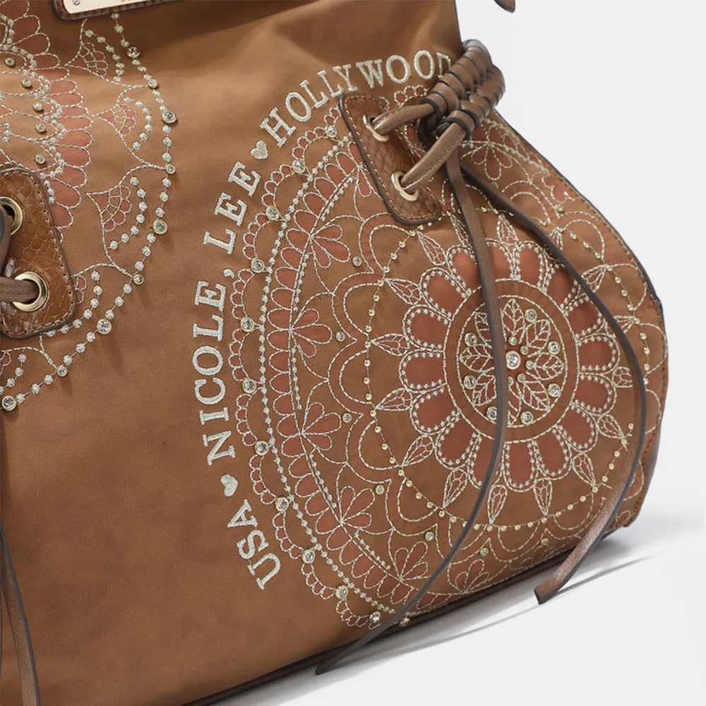 Nicole Lee USA Side Braided Tassel Inlaid Rhinestone Embroidery Hobo Bag - Premium Tote Bag from Trendsi - Just $70.99! Shop now at Handbags Specialist Headquarter