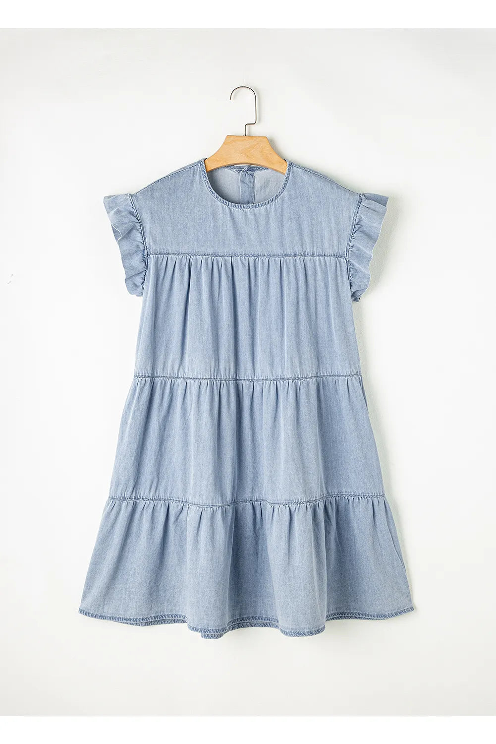 Ruffle Cap Sleeve Tiered A-line Denim Dress - Premium Women / Jeans & Denim from Trendsi - Just $49.18! Shop now at Handbags Specialist Headquarter