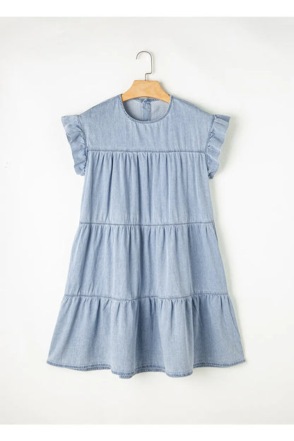 Ruffle Cap Sleeve Tiered A-line Denim Dress - Premium Women / Jeans & Denim from Trendsi - Just $49.18! Shop now at Handbags Specialist Headquarter
