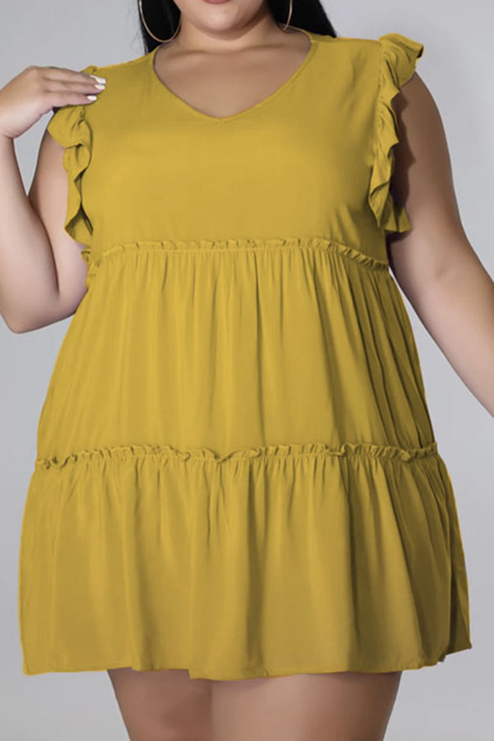 Plus Size V-Neck Frill Trim Mini Dress - Premium Dresses from Trendsi - Just $36.99! Shop now at Handbags Specialist Headquarter