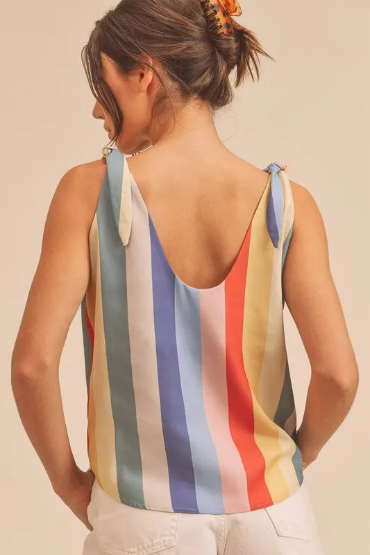 Aemi + Co Contrast Striped Scoop Neck Tie Shoulder Tank - Premium Tops from Trendsi - Just $35.62! Shop now at Handbags Specialist Headquarter