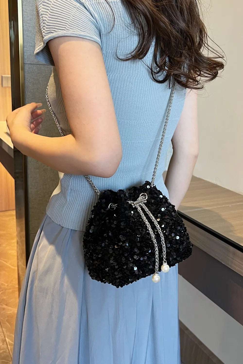 Sequin Chain Drawstring Bucket Bag - Premium Crossbody Bag from Trendsi - Just $21.99! Shop now at Handbags Specialist Headquarter