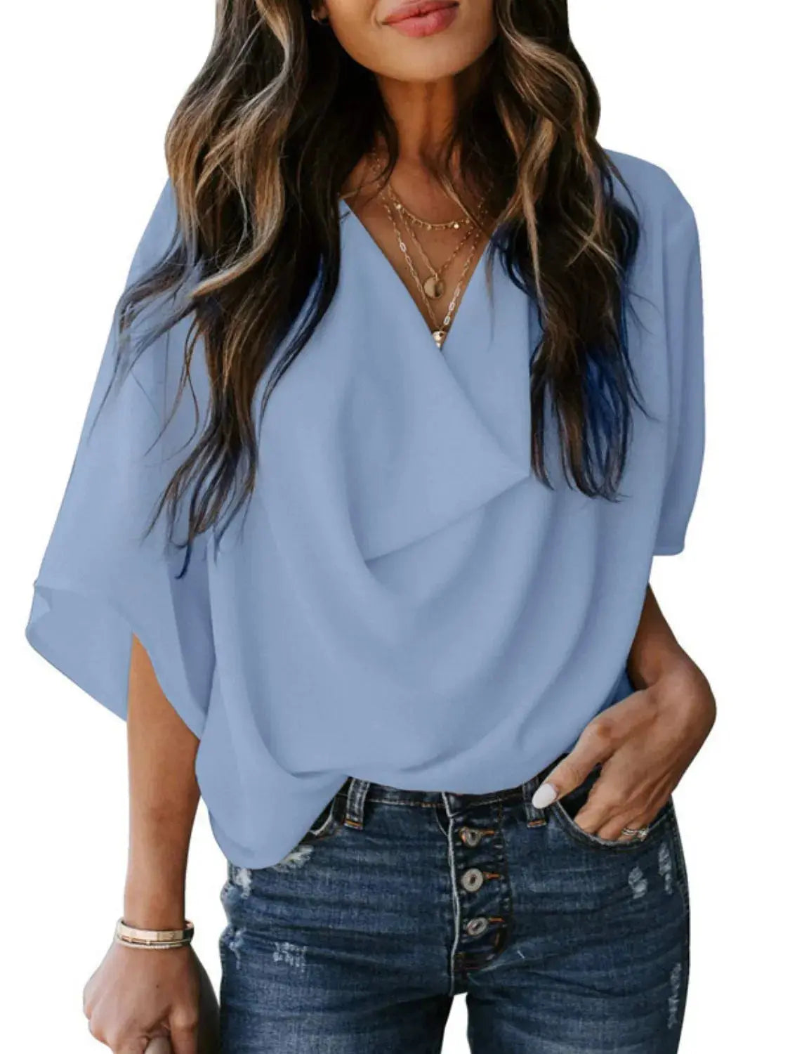 Full Size Ruched Three-Quarter Sleeve Blouse Plus Size.