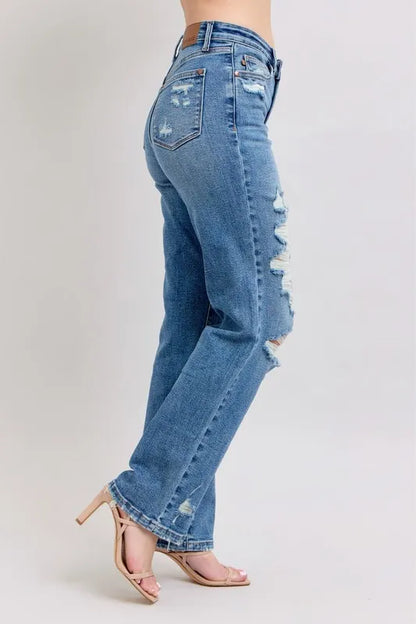 Judy Blue Full Size High Waist Heavy Destroy Straight Jeans Plus Size - Premium Women / Jeans & Denim from Trendsi - Just $62.99! Shop now at Handbags Specialist Headquarter