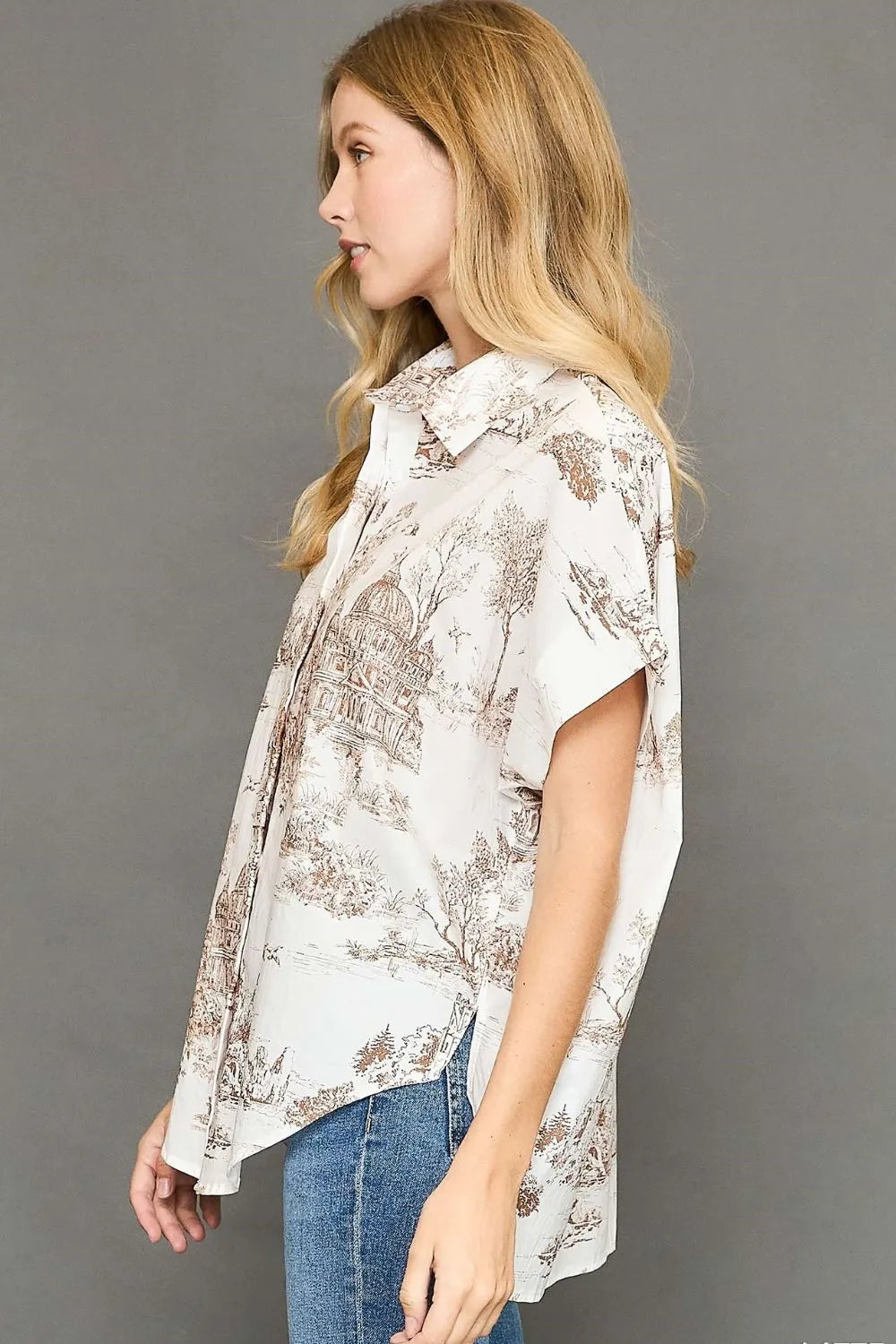 Umgee Full Size Two Tone Print Button Up Short Sleeve Shirt Plus Size - Premium Dresses from Trendsi - Just $48.99! Shop now at Handbags Specialist Headquarter