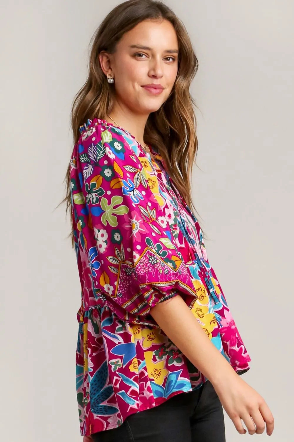 Umgee Full Size Floral Print Tie Neck Peplum Blouse Plus Size - Premium Dresses from Trendsi - Just $35.99! Shop now at Handbags Specialist Headquarter