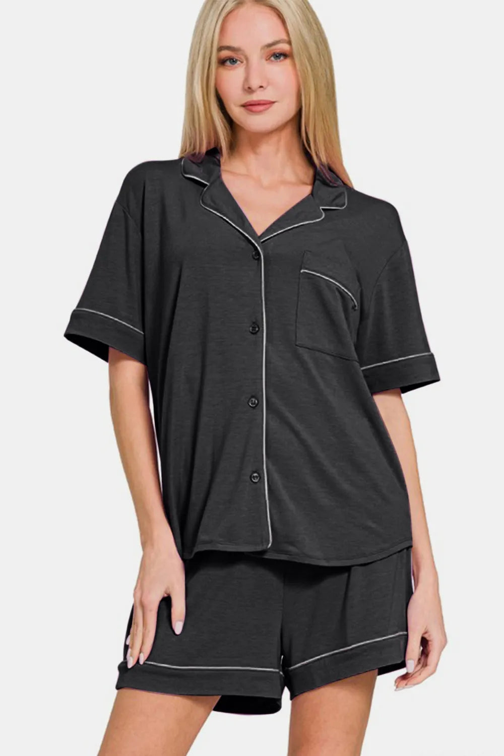 Zenana Button Down Short Sleeve Top and Shorts Lounge Set - Premium Sleepwear from Trendsi - Just $39.24! Shop now at Handbags Specialist Headquarter