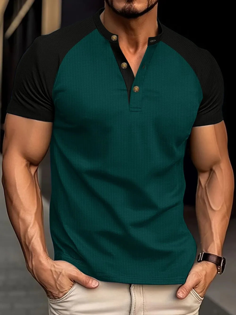 Men's Full Size Waffle-Knit Round Neck Contrast Polo Plus Size - Premium Men's Polo shirt from Trendsi - Just $30.99! Shop now at Handbags Specialist Headquarter