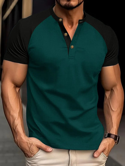 Men's Full Size Waffle-Knit Round Neck Contrast Polo Plus Size - Premium Men's Polo shirt from Trendsi - Just $30.99! Shop now at Handbags Specialist Headquarter