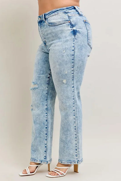 Judy Blue Full Size Hw Mineral Wash Destroy 90's Straight Jeans Plus Size - Premium Women / Jeans & Denim from Trendsi - Just $69.99! Shop now at Handbags Specialist Headquarter