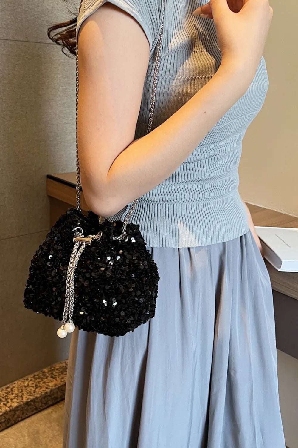 Sequin Chain Drawstring Bucket Bag - Premium Crossbody Bag from Trendsi - Just $21.99! Shop now at Handbags Specialist Headquarter