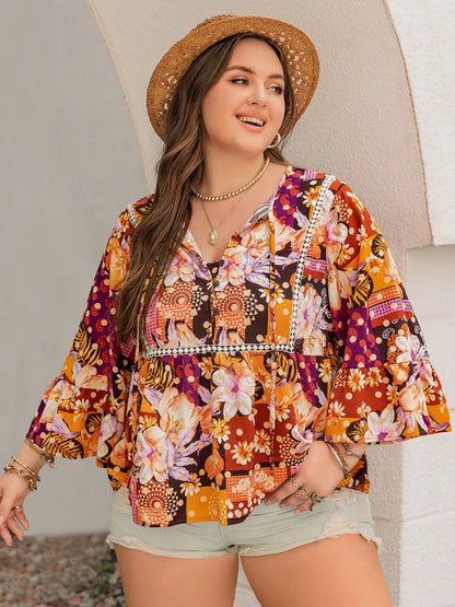 Plus Size Printed Tie Neck Blouse - Premium Plus Size Shirts from Trendsi - Just $28.50! Shop now at Handbags Specialist Headquarter