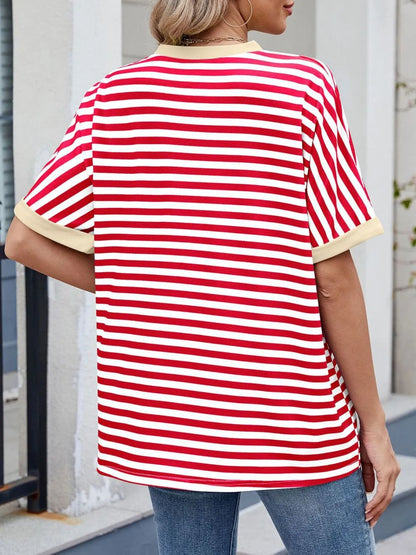 Striped Round Neck Half Sleeve T-Shirt - Premium Women / Tops from Trendsi - Just $19.34! Shop now at Handbags Specialist Headquarter