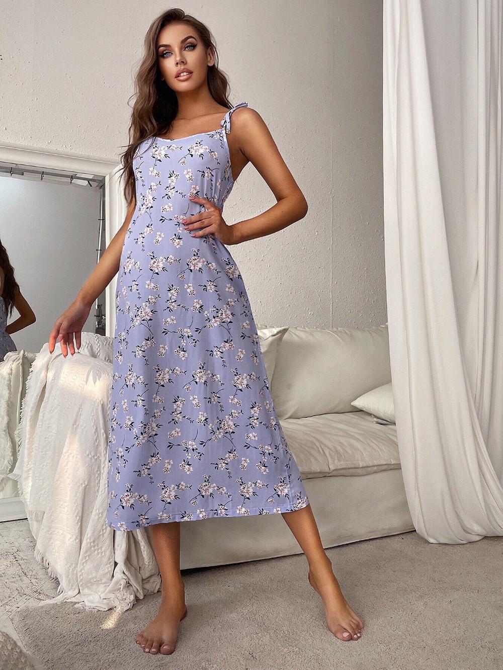 Printed Tie Shoulder Midi Night Dress - Premium Sleepwear from Trendsi - Just $31.99! Shop now at Handbags Specialist Headquarter