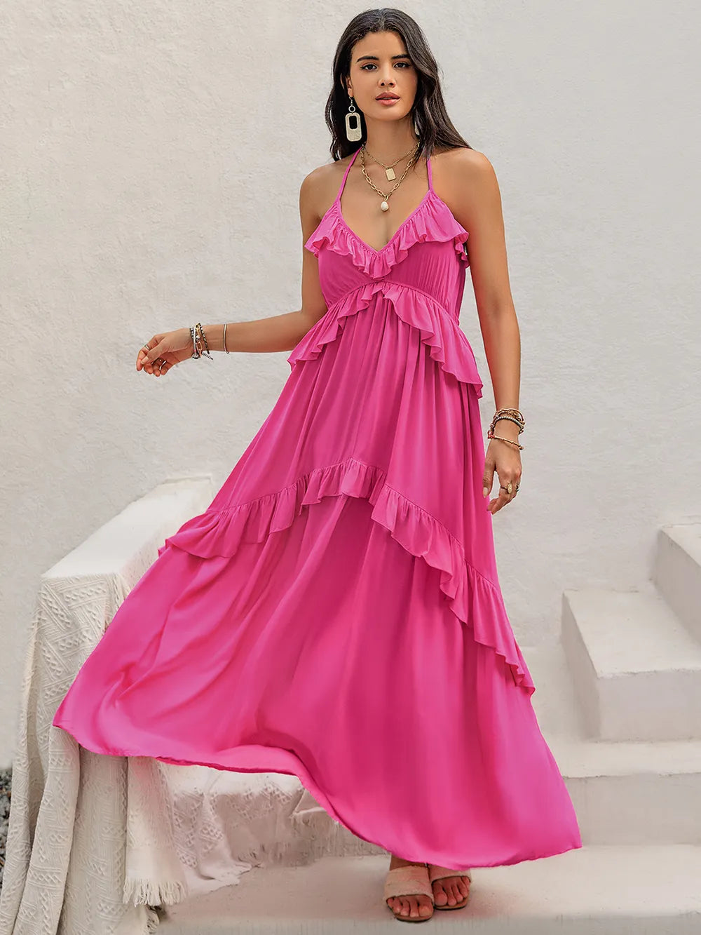 Ruffled Halter Neck Maxi Dress - Premium Maxi Dress from Trendsi - Just $38.99! Shop now at Handbags Specialist Headquarter