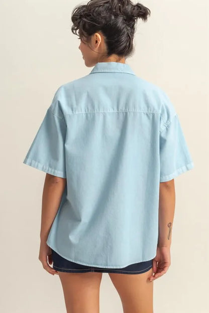 HYFVE Short Sleeve Button Down Oversized Shirt - Premium Women's Down Shirt Tops from Trendsi - Just $34.34! Shop now at Handbags Specialist Headquarter