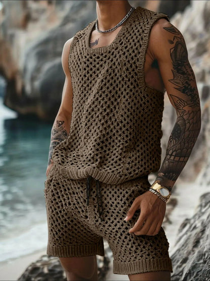 Men's Plus Size Hollow Out Round Neck Tank and Shorts Set.