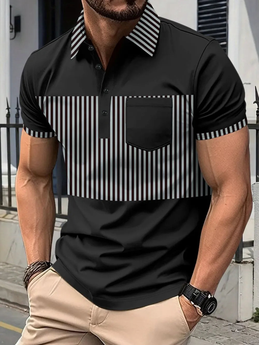 Men's Full Size Collared Contrast Striped Polo Plus Size - Premium Men's Polo shirt from Trendsi - Just $29.99! Shop now at Handbags Specialist Headquarter