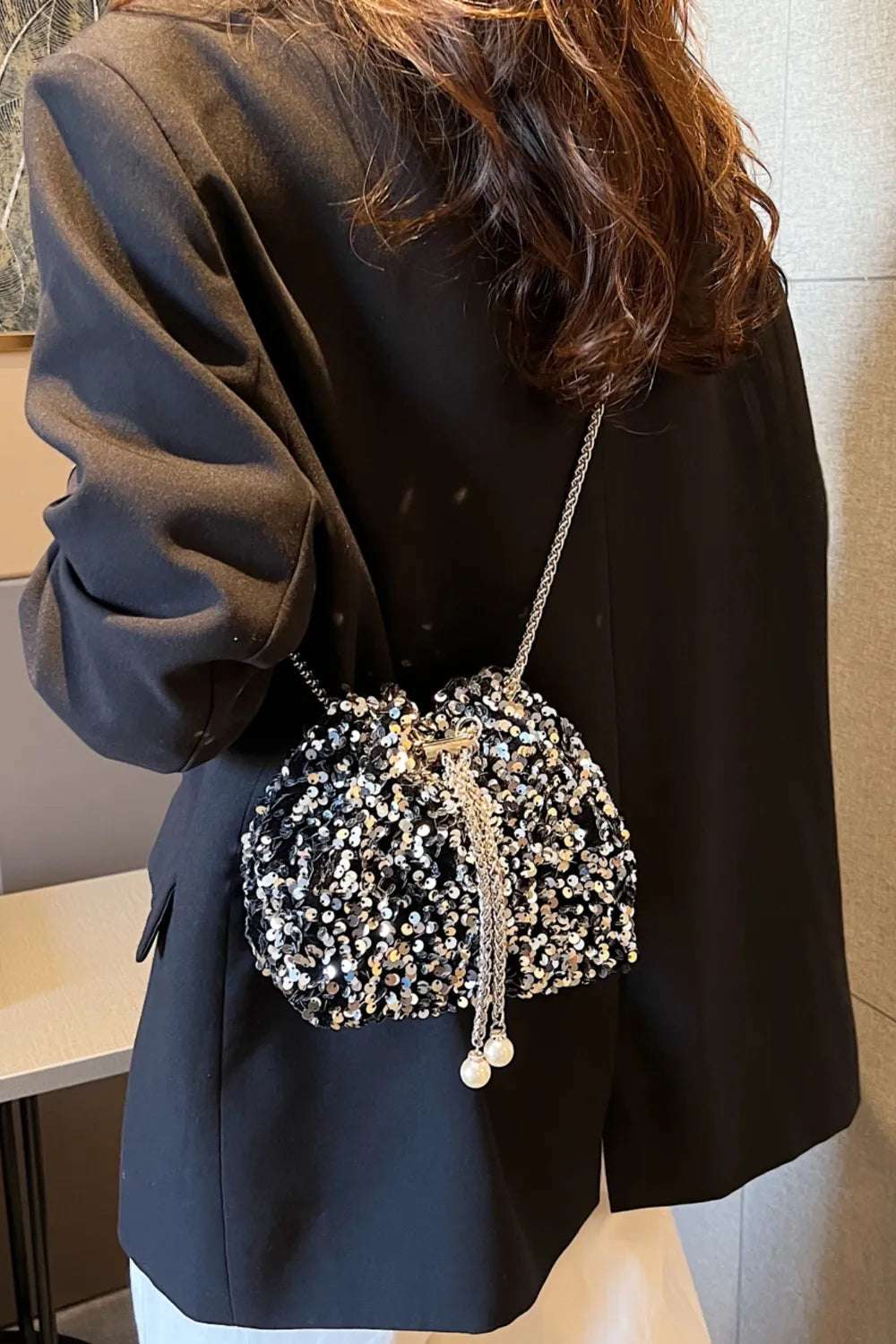 Sequin Chain Drawstring Bucket Bag - Premium Crossbody Bag from Trendsi - Just $21.99! Shop now at Handbags Specialist Headquarter