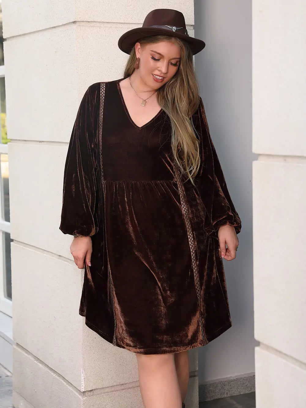 Plus Size V-Neck Balloon Sleeves Dress - Premium Dresses from Trendsi - Just $48.99! Shop now at Handbags Specialist Headquarter