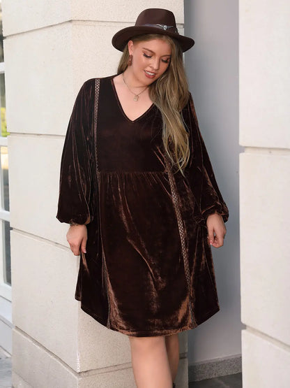 Plus Size V-Neck Balloon Sleeves Dress - Premium Dresses from Trendsi - Just $48.99! Shop now at Handbags Specialist Headquarter