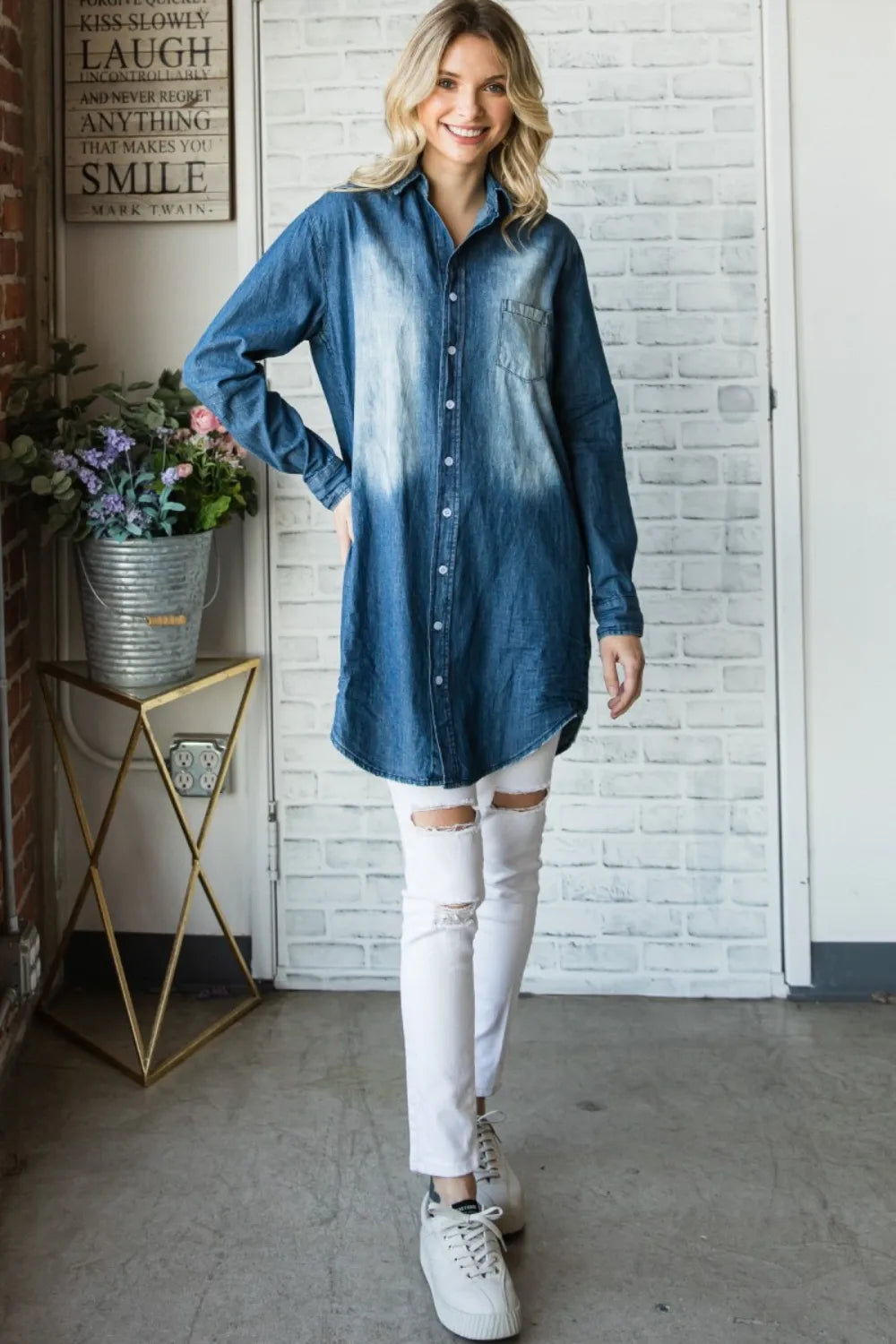 Veveret Pocketed Button Up Washed Denim Shirt - Premium Women / Jeans & Denim from Trendsi - Just $60.40! Shop now at Handbags Specialist Headquarter