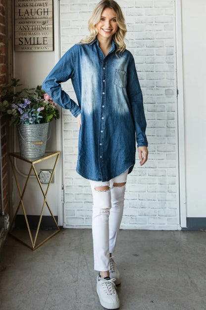 Veveret Pocketed Button Up Washed Denim Shirt - Premium Women / Jeans & Denim from Trendsi - Just $60.40! Shop now at Handbags Specialist Headquarter