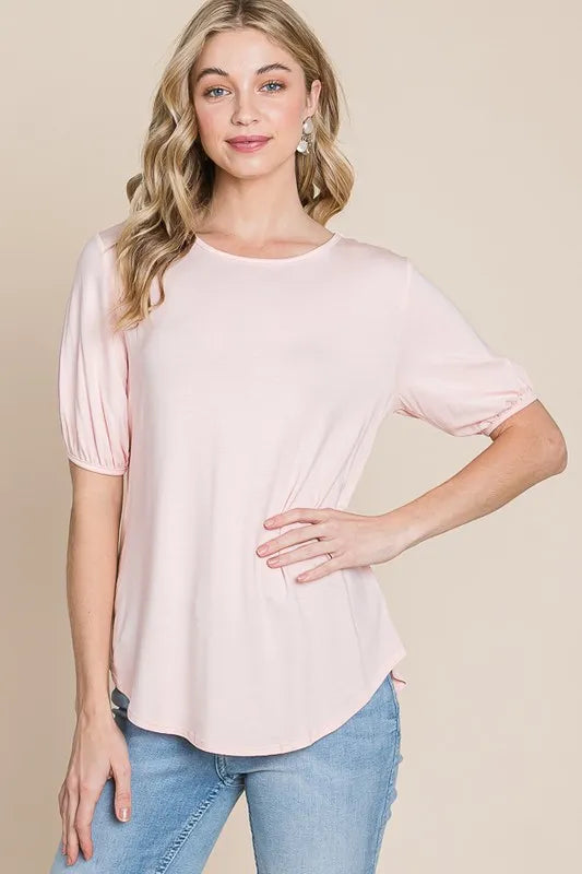 BOMBOM Round Neck Puff Sleeve T-Shirt - Premium Tops from Trendsi - Just $15.62! Shop now at Handbags Specialist Headquarter