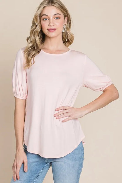 BOMBOM Round Neck Puff Sleeve T-Shirt - Premium Tops from Trendsi - Just $15.62! Shop now at Handbags Specialist Headquarter