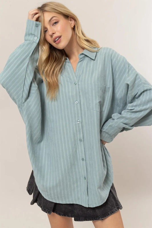 HYFVE Stripe Button Down Long Sleeve Oversized Shirt - Premium Women / Jeans & Denim from Trendsi - Just $36.30! Shop now at Handbags Specialist Headquarter