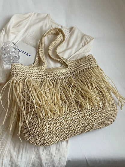 Bohemian Straw Fringe Hobo Handbag - Premium handbags from Trendsi - Just $47.99! Shop now at Handbags Specialist Headquarter