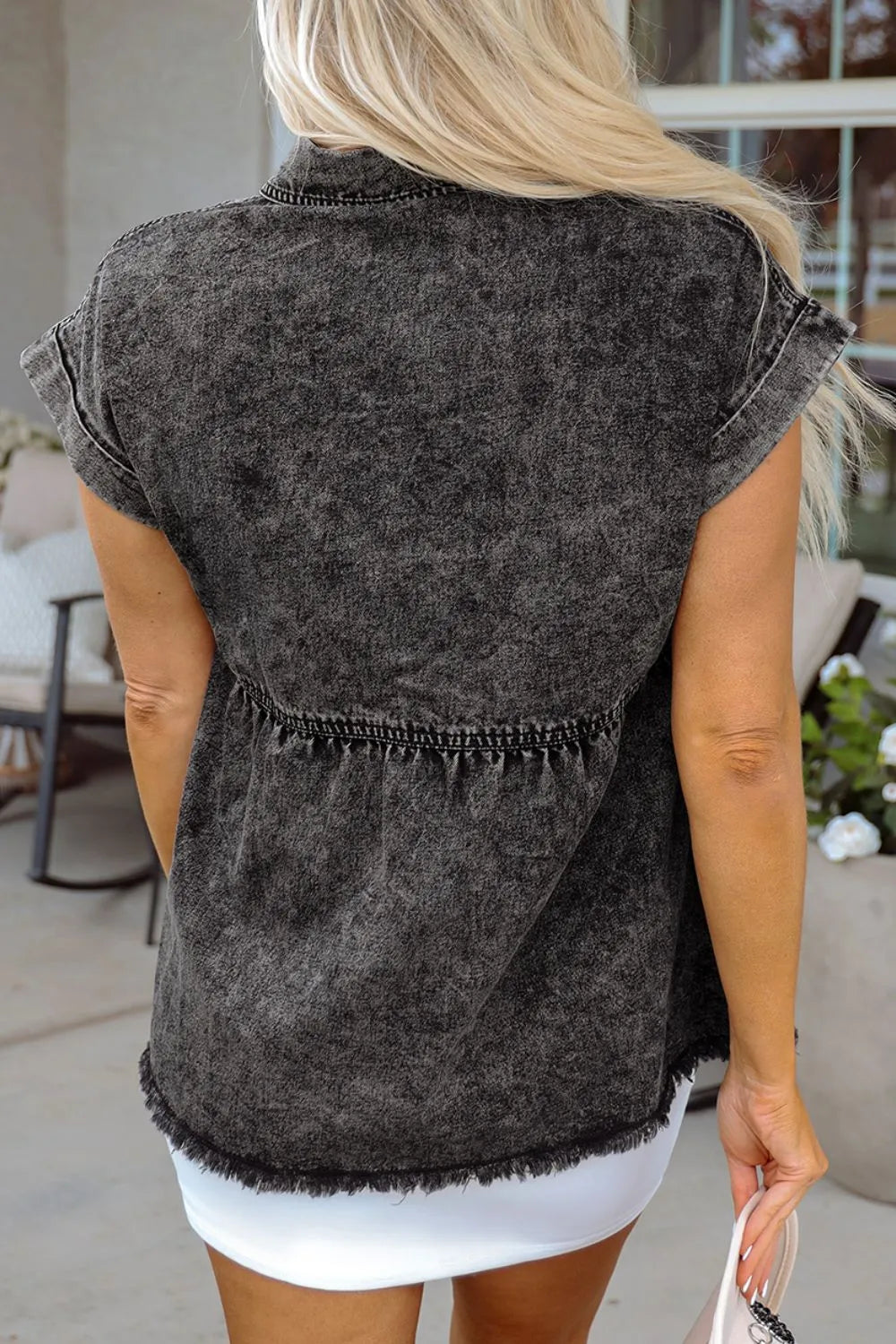 Short Sleeve Flap Pocket Button Up Raw Hem Denim Shirt - Premium Women / Jeans & Denim from Trendsi - Just $47.70! Shop now at Handbags Specialist Headquarter